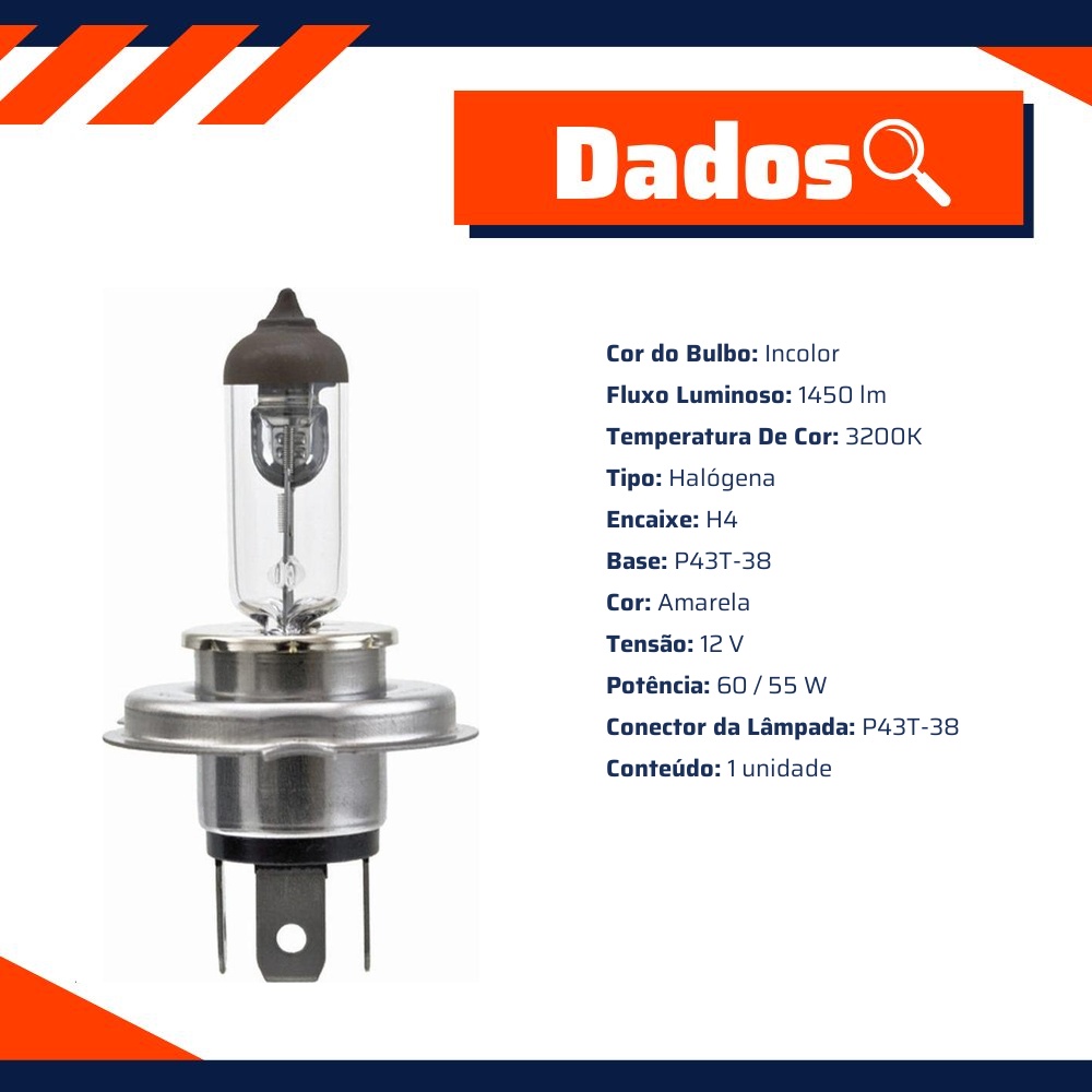 Lâmpada Halógena Amarela H4 12V 60/55W 3200K - Hella - H4