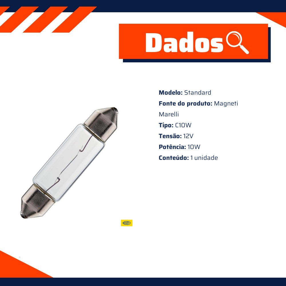 10 Lâmpadas Luz Do Teto / 12V 10W Sv8.5 8 C10W 11*38 Standard Torpedo - Magneti Marelli - LMM6411