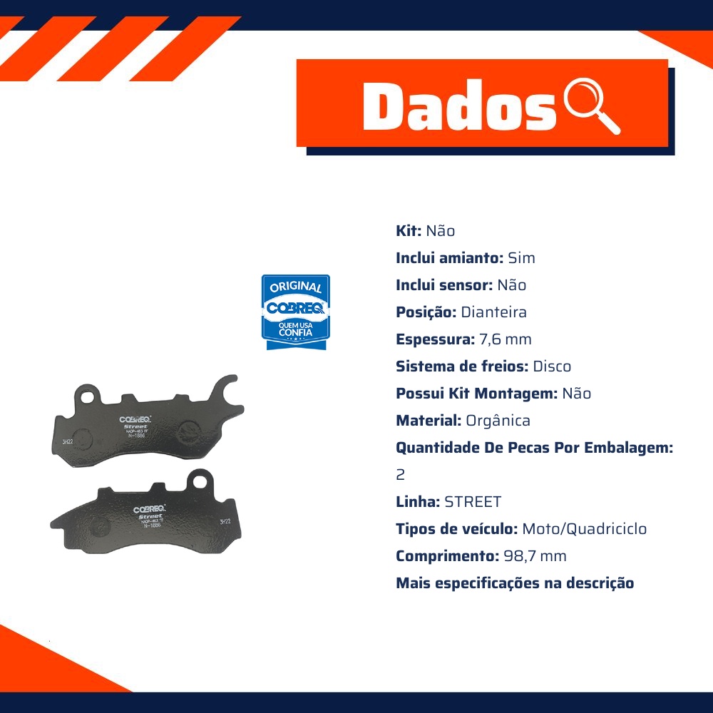 Pastilha de Freio Dianteira para Honda NXR 160 BROS e PCX 150 - Cobreq - N-1886