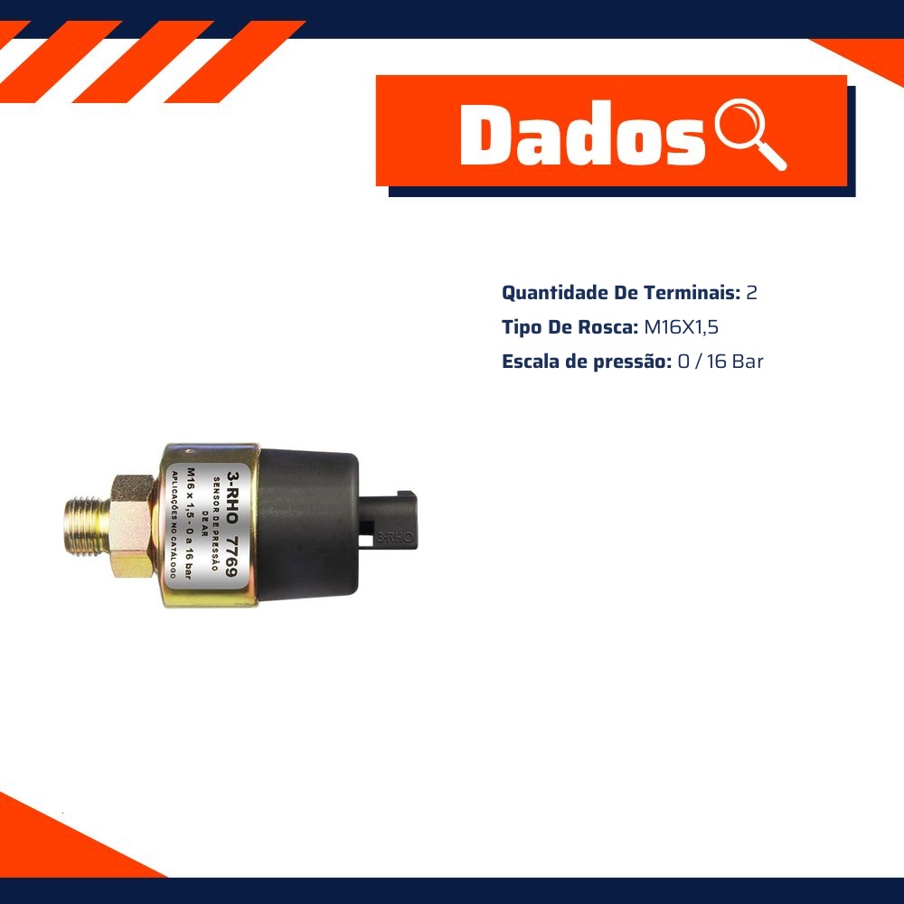 Sensor Mecânico de Pressão de Ar - 0 a 16 Bar - 3-RHO - 7769