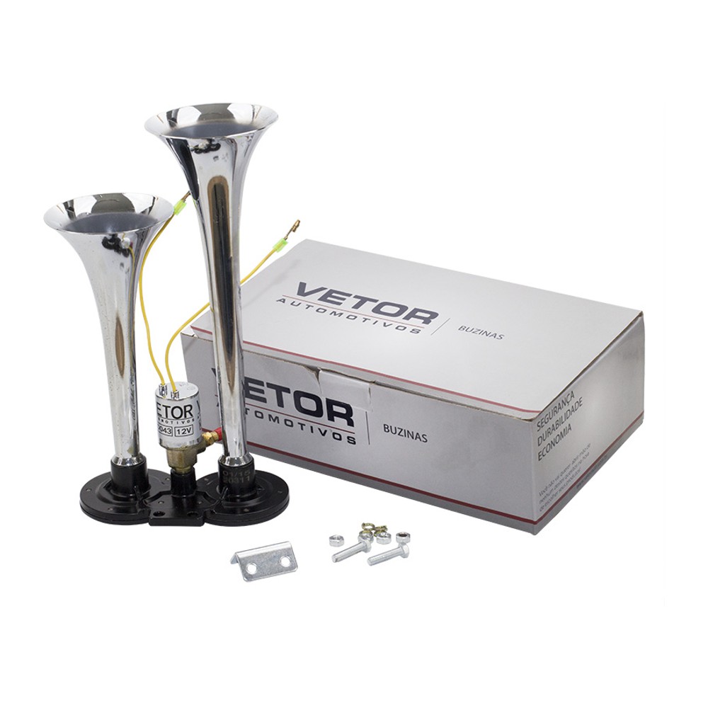 Buzina 2 Cornetas Cromada 12V - Vetor - Vt043