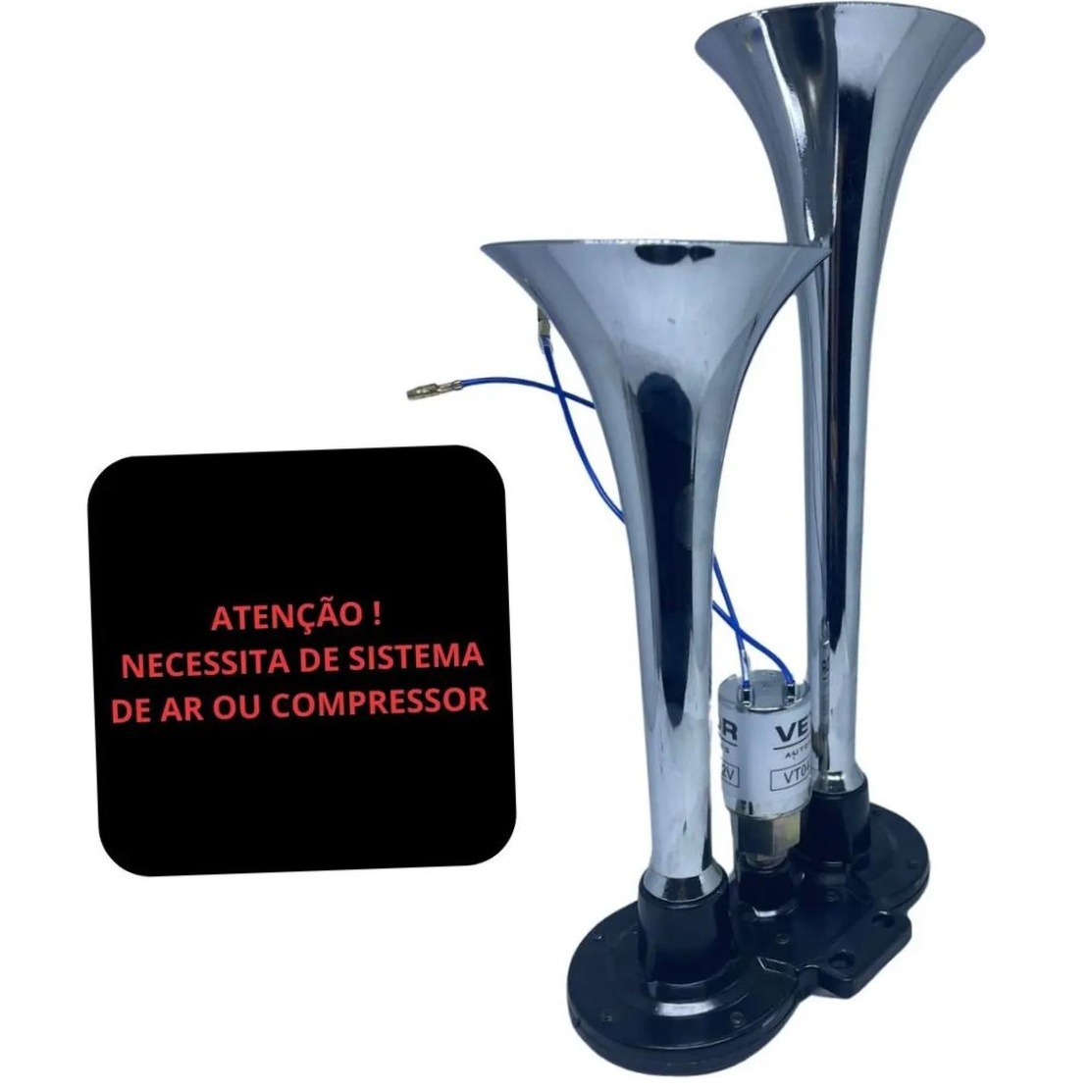Buzina 2 Cornetas Cromada 12V - Vetor - Vt043