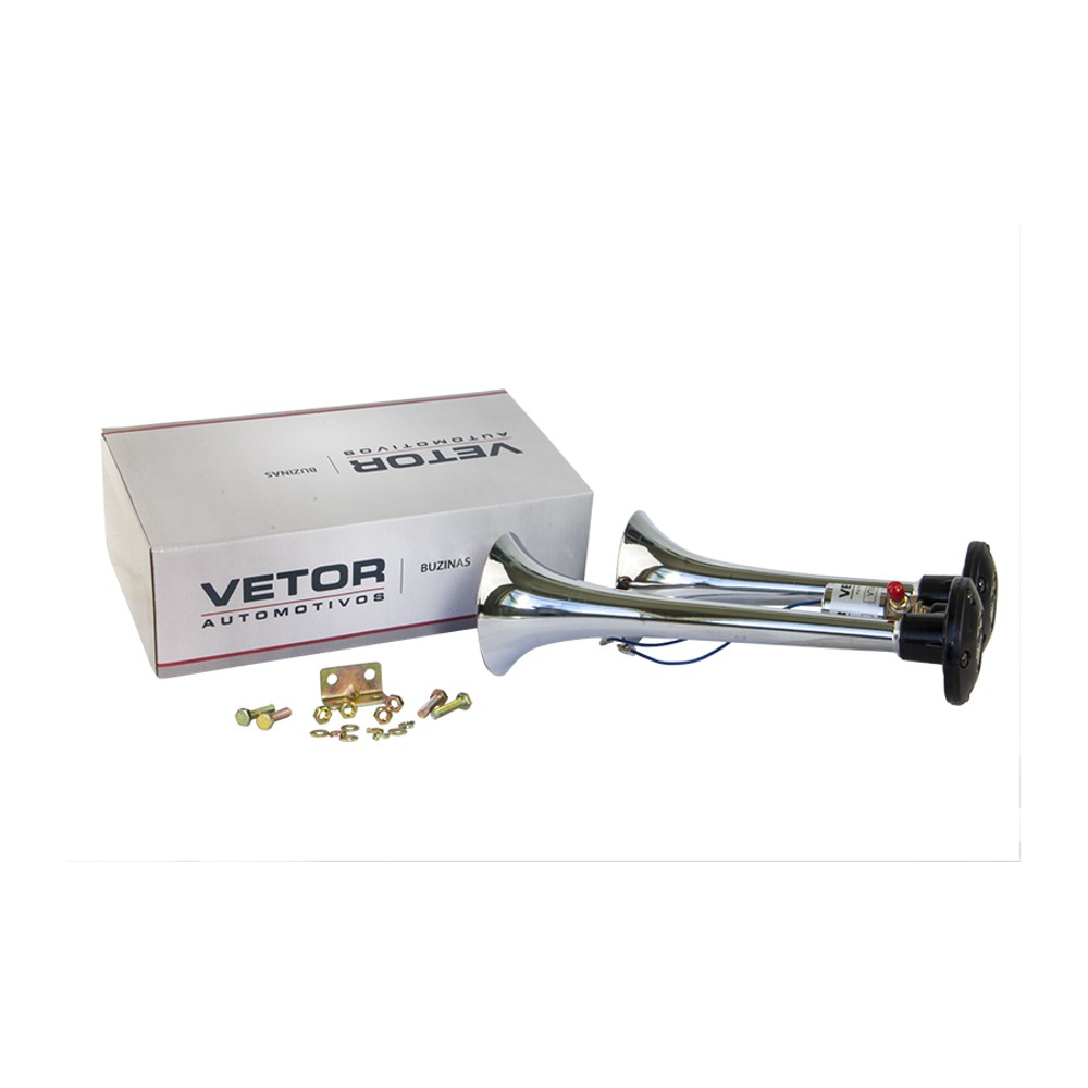Buzina 2 Cornetas Cromada 24V - Vetor - Vt044