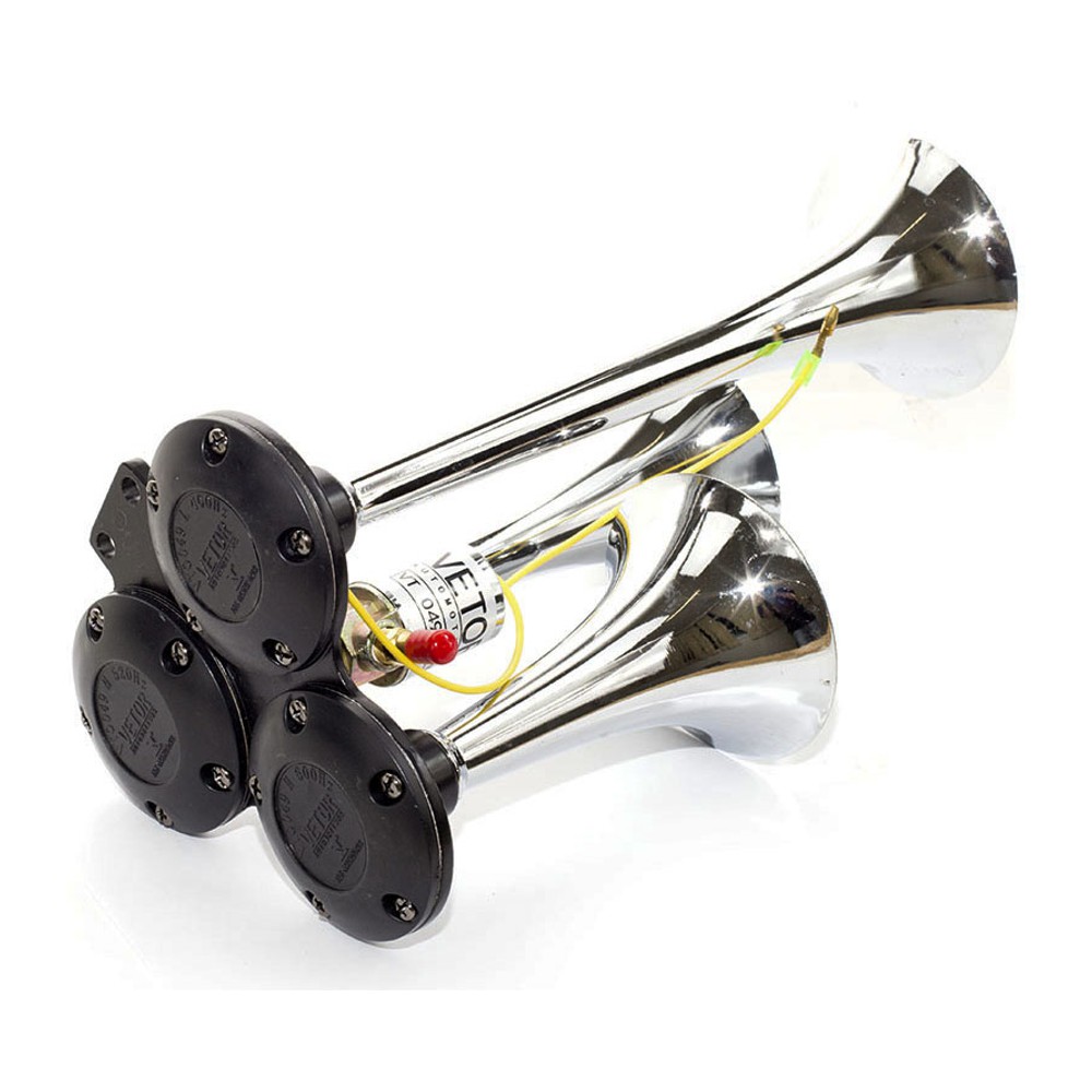 Buzina 3 Cornetas Cromada 12V/24V - Vetor - Vt049