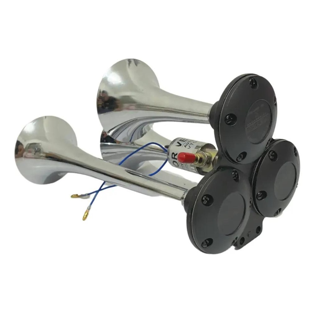 Buzina 3 Cornetas Cromada 12V/24V - Vetor - Vt049