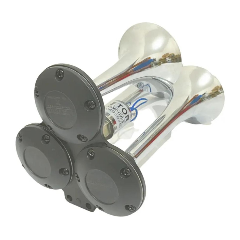 Buzina 3 Cornetas Cromada 12V/24V - Vetor - Vt049