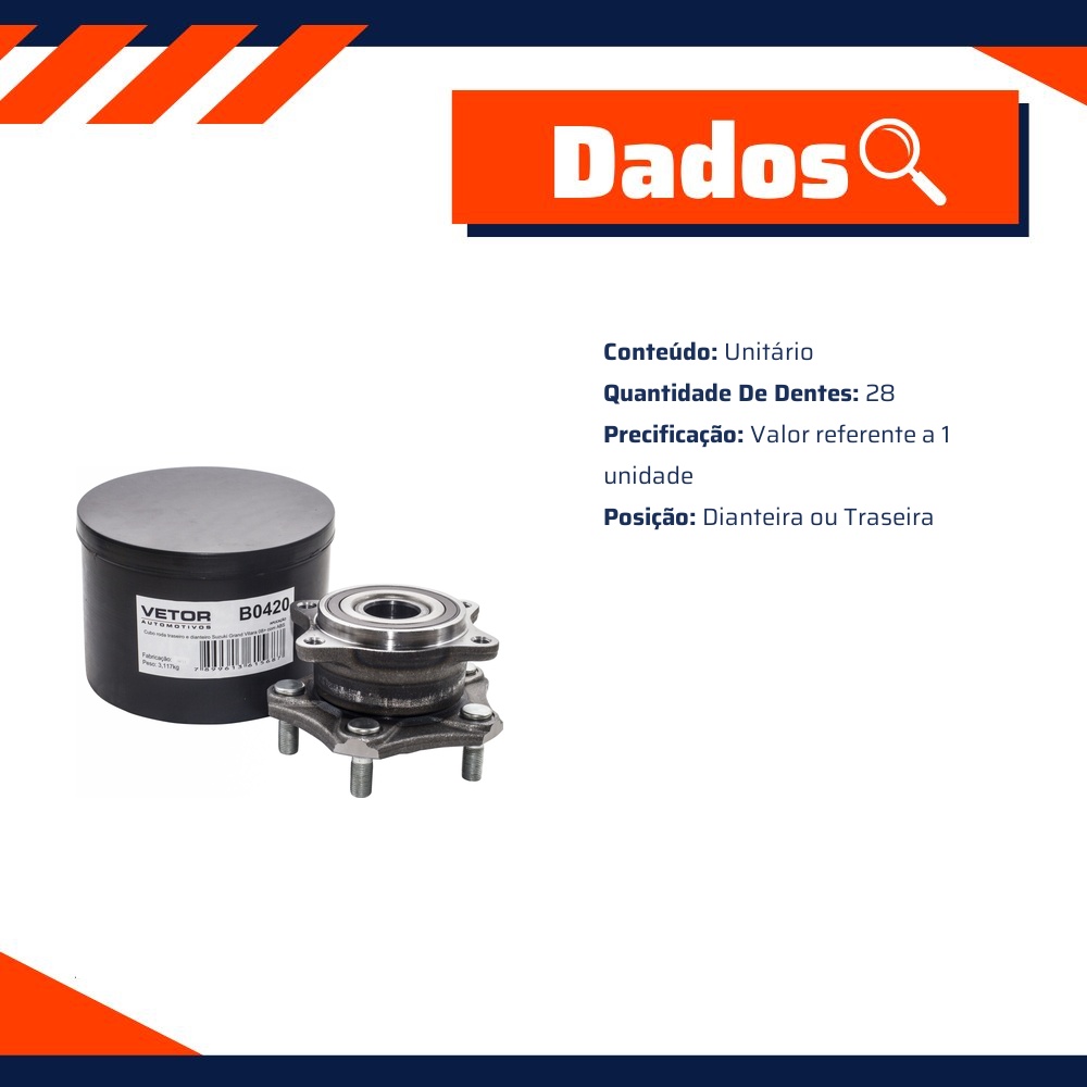 Cubo de Roda Dianteiro ou Traseiro 28 Dentes para Suzuki Grand Vitara - Vetor - B0420