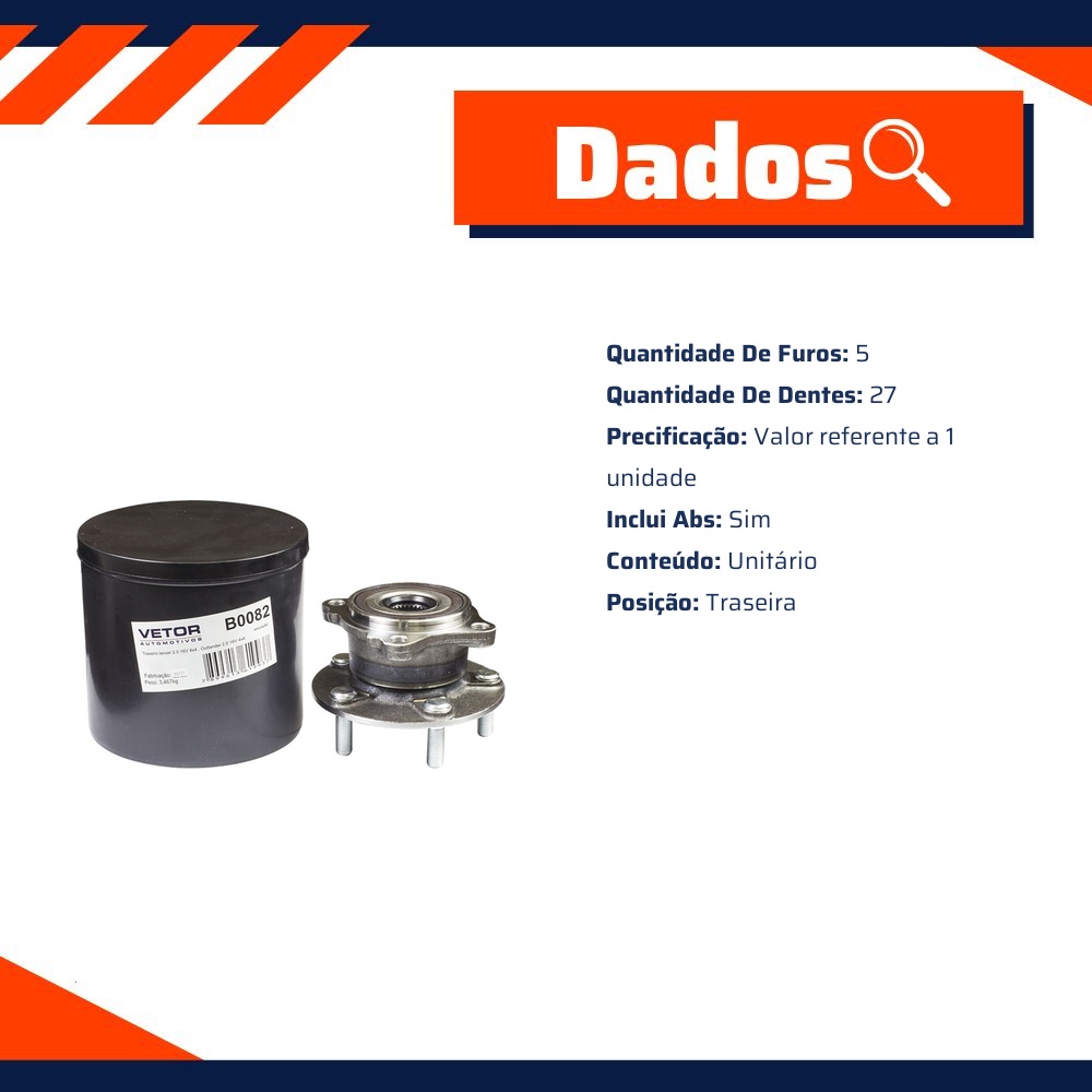 Cubo de Roda Traseiro 5 Furos 27 Dentes com ABS - Vetor - B0082