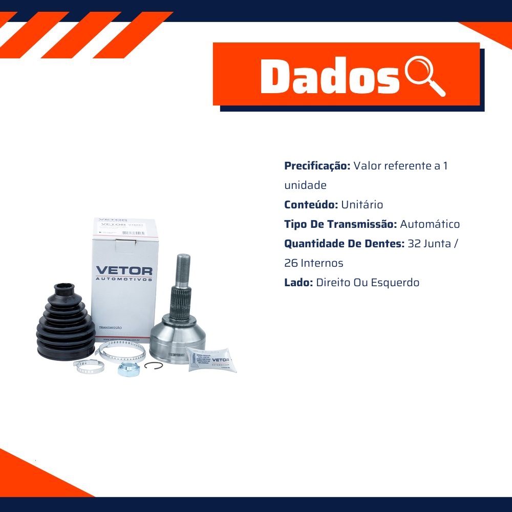 Junta Homocinética Direita ou Esquerda para Câmbio Automático para Fiat Freemont - Vetor - Vt5893