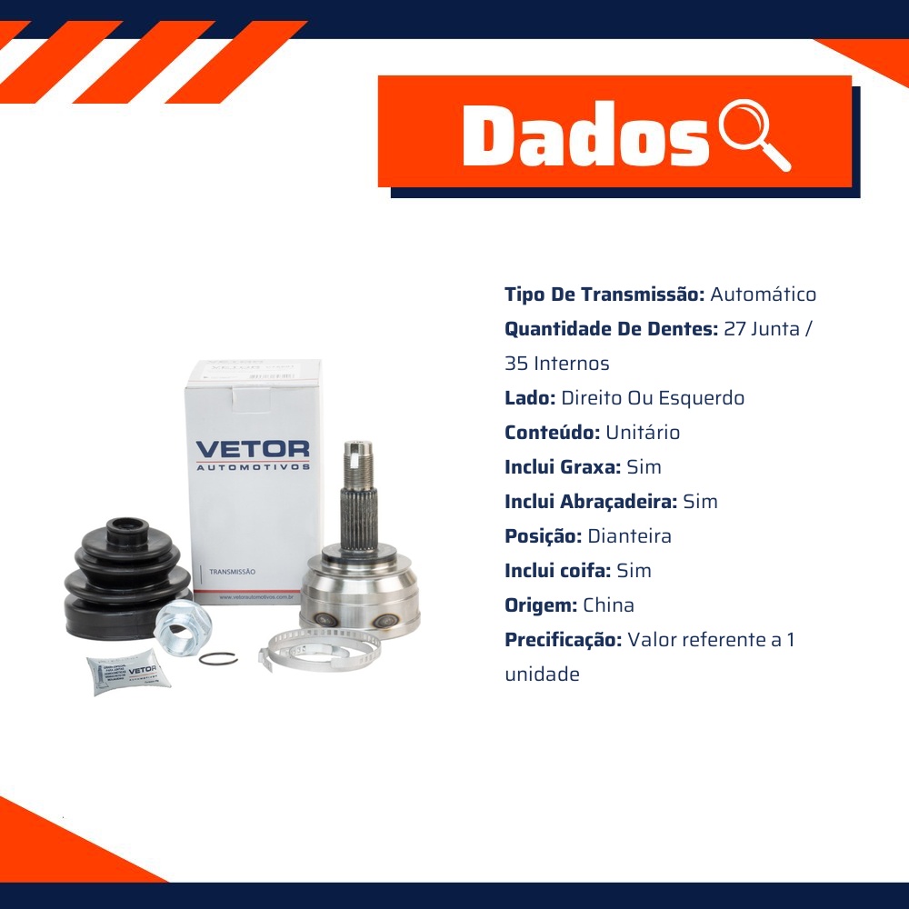 Junta Homocinética para Câmbio Automático para Fiat Toro - Vetor - Vt5801