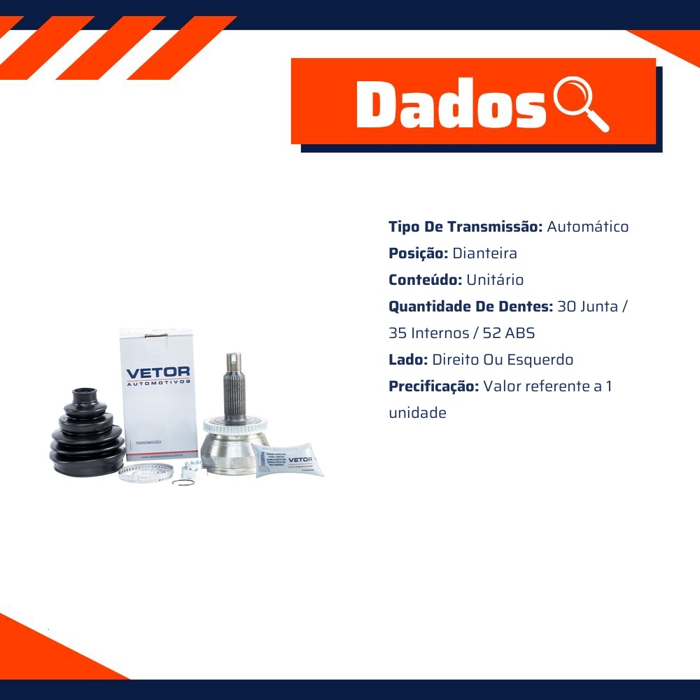 Junta Homocinética para Câmbio Automático para Hyundai Santa Fé e KIA Sorento - Vetor - Vt5697