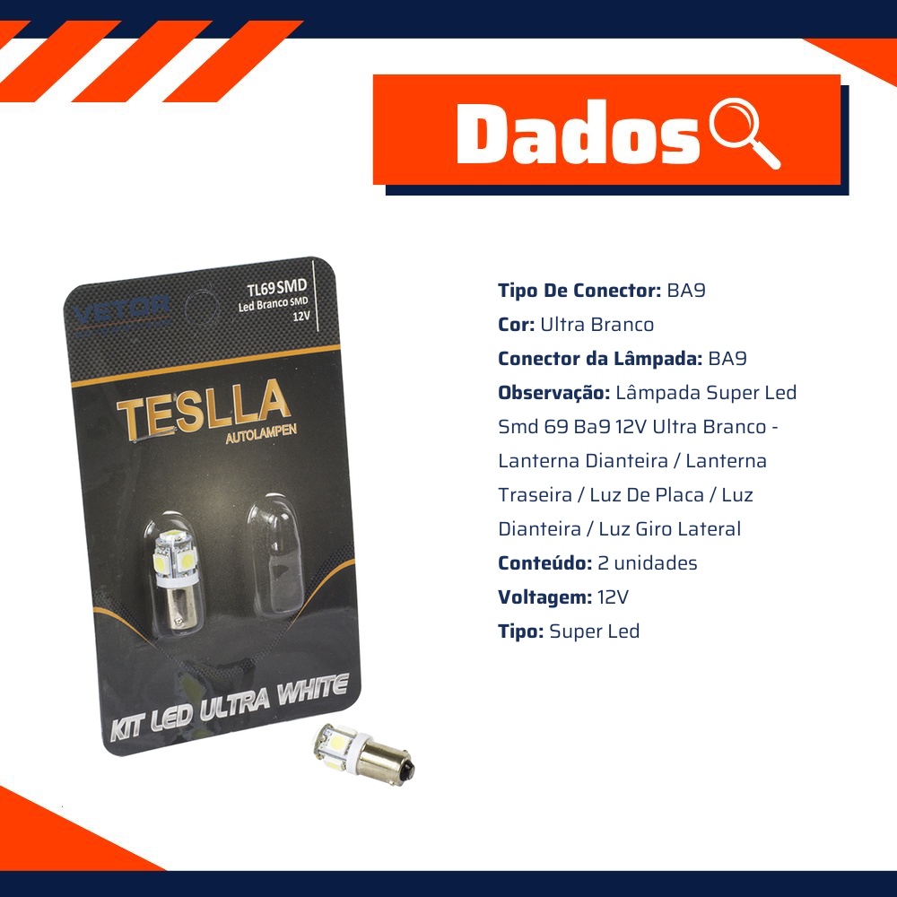 Par Lâmpada Super LED Ultra Branca 12V - Teslla - Tl69Smd