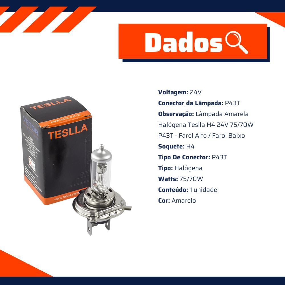 Lâmpada Halógena Amarela H4 24V 75/70W - Teslla - Th4V