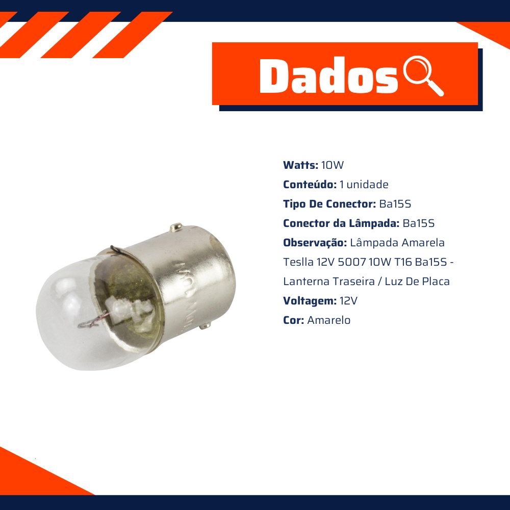 10 Lâmpadas Amarela 12V 10W - Teslla - T6710