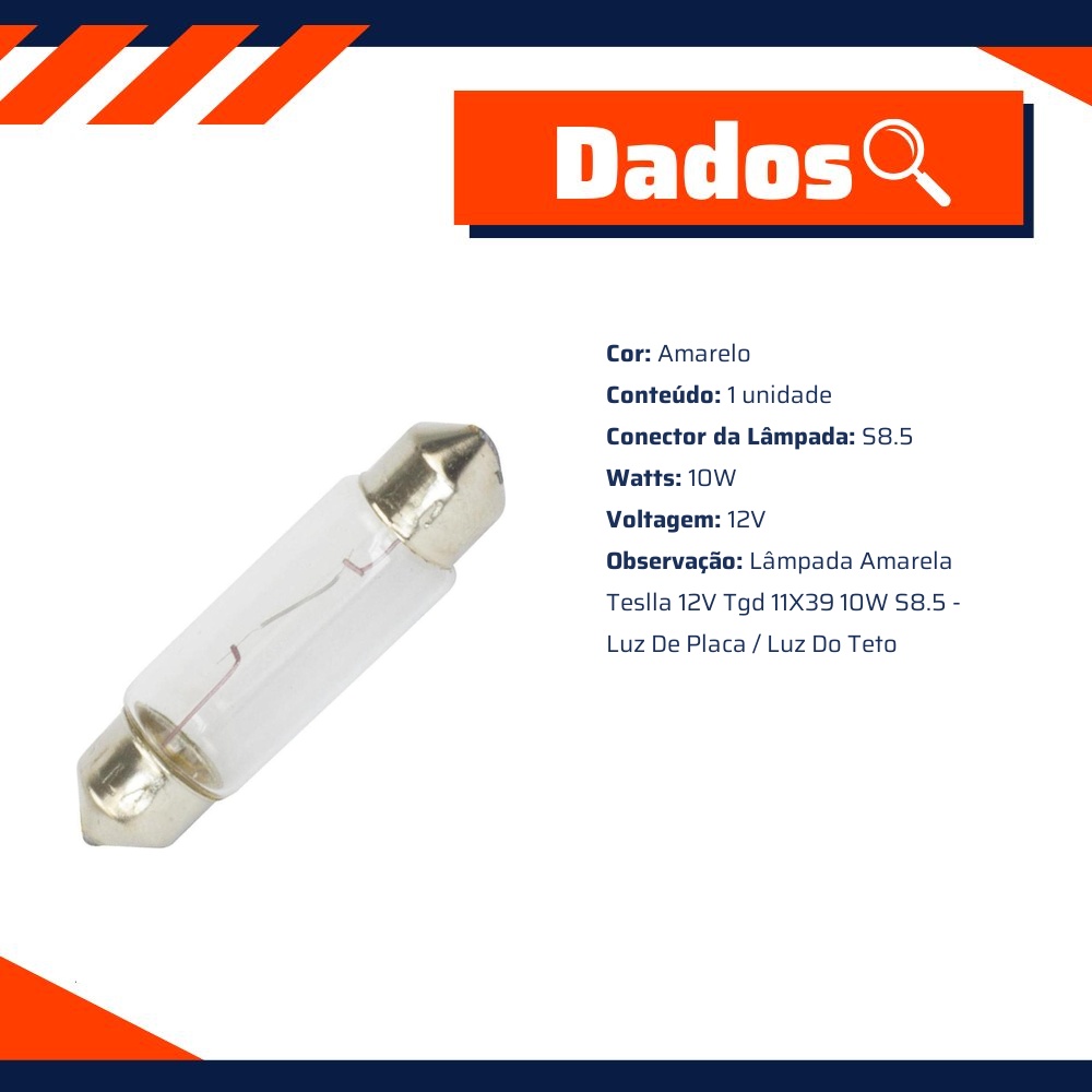 10 Lâmpadas Amarela 12V 10W - Teslla - T6411