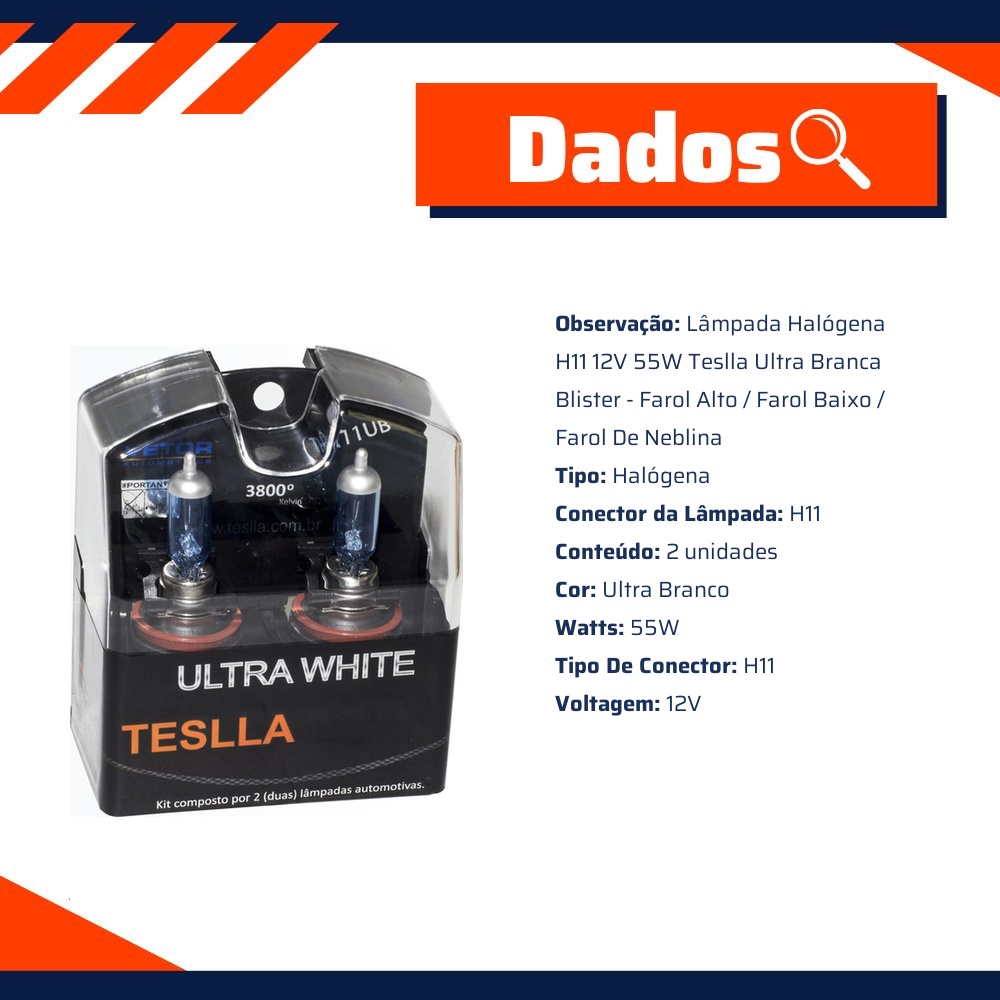 Par Lâmpada Halógena Ultra Branca 12V 55W - Teslla - Th11Ub