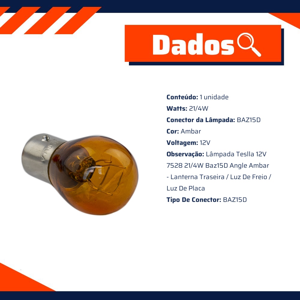 Lâmpada Âmbar 12V 21/4W - Teslla - T1034Aab