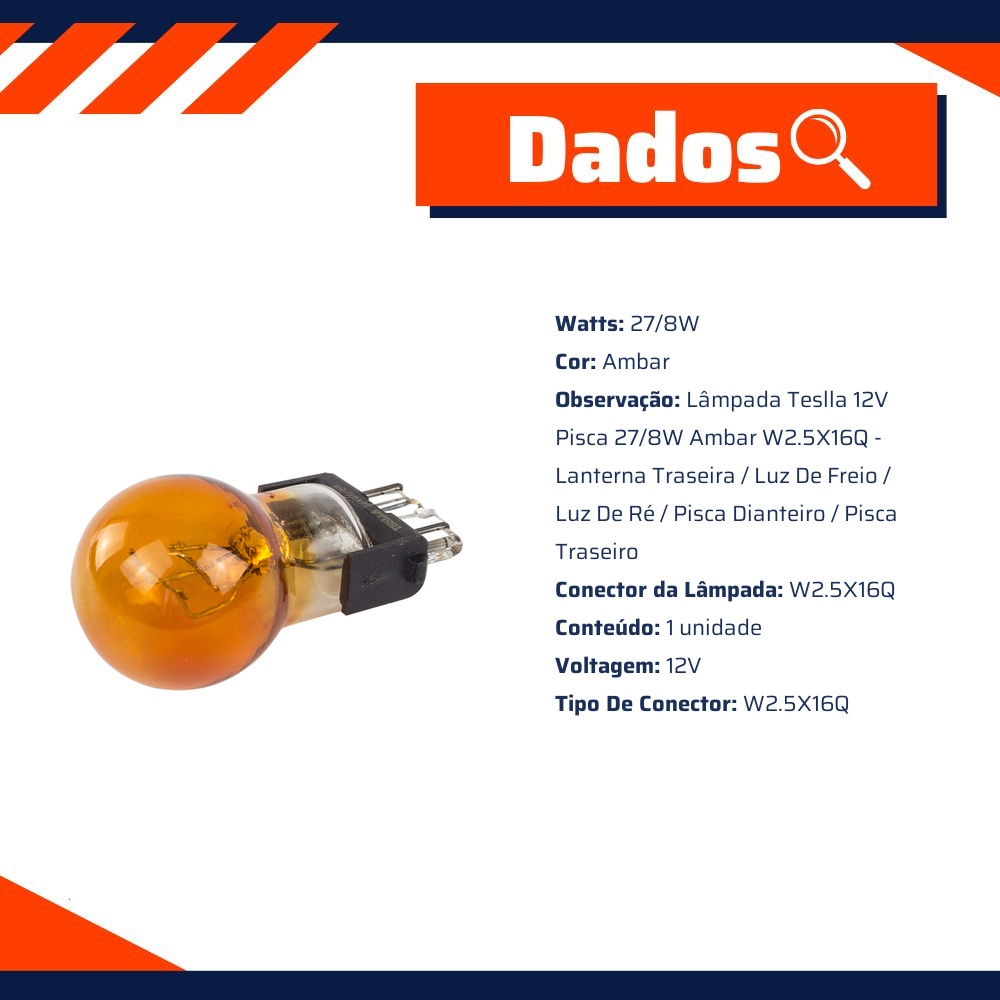 10 Lâmpadas Âmbar 12V 27/8W - Teslla - T3157Ab