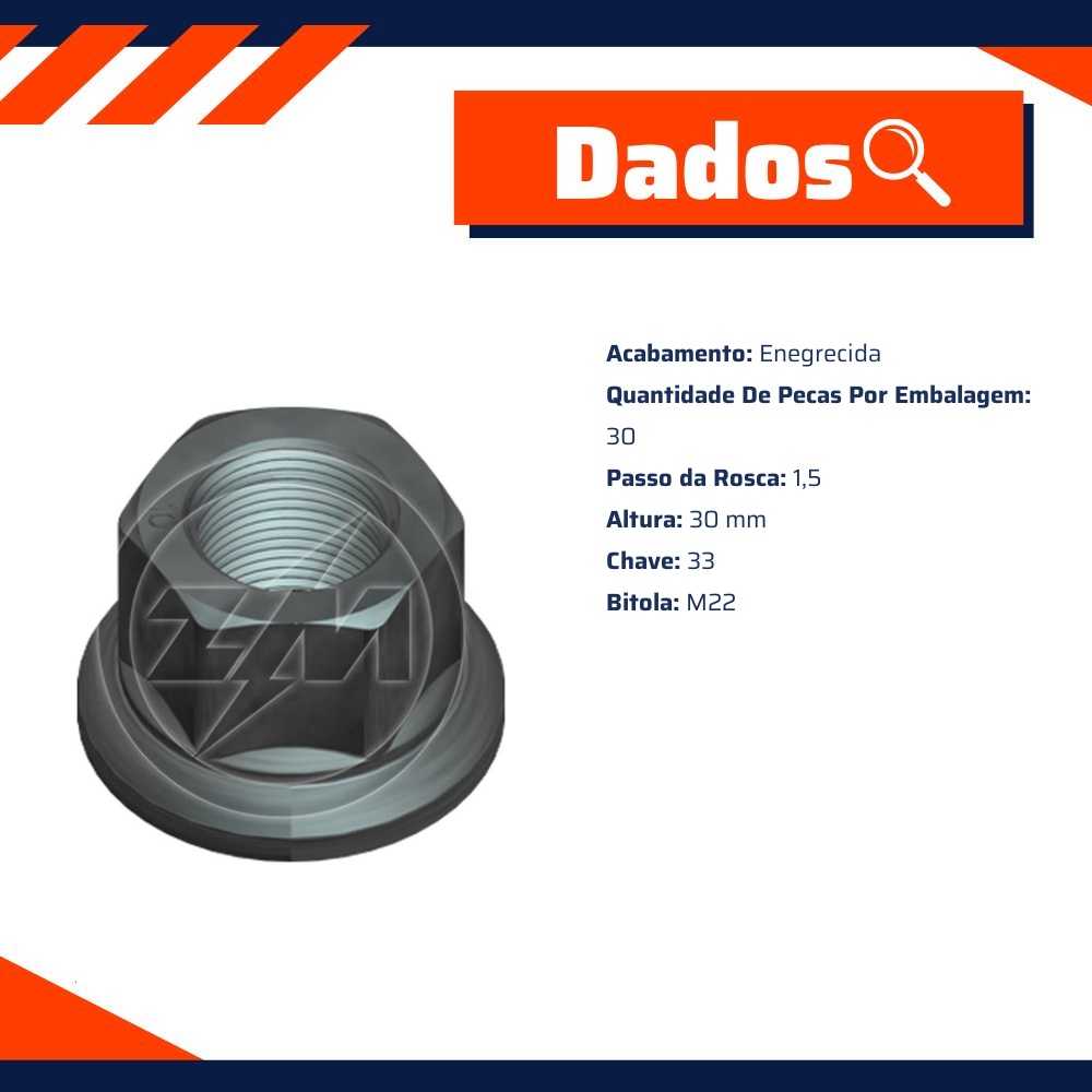 Kit 30 Porca da Roda M22-1,5 x CH33 x H30 - ZM - 29.022.05