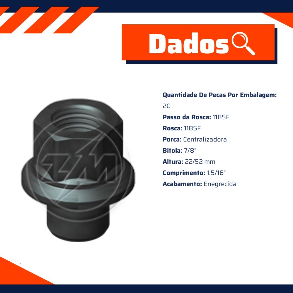 Kit 20 Porca Centralizadora Roda 7/8"xCH1,5/16" - ZM - 2978051