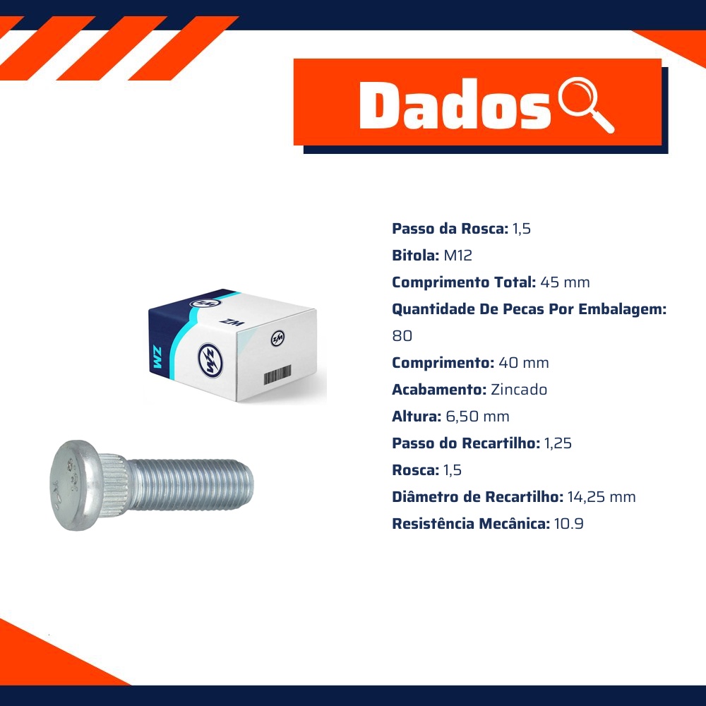 Kit 80 Parafuso de Roda M12-1,5 x 40/45 - ZM - 30.012.25