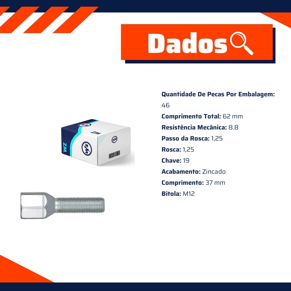 Kit 46 Parafuso de Roda M12-1,25 x 37/62 x CH19 - ZM - 3001242