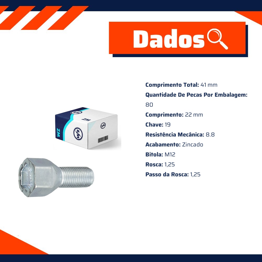 Kit 80 Parafuso de Roda M12-1,25 x 22/41 x CH19 - ZM - 3001244