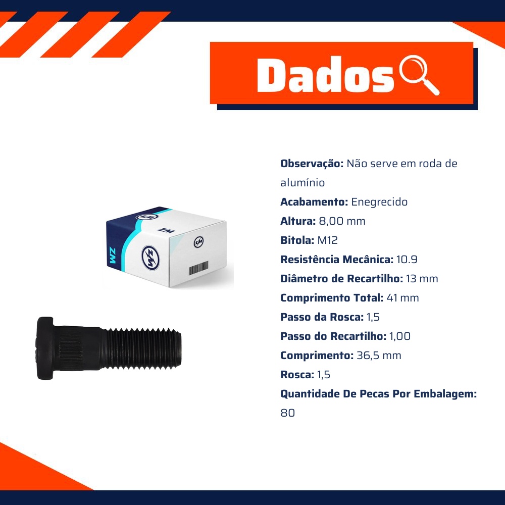 Kit 80 Parafuso de Roda M12-1,5 x 37/41 - ZM - 30.012.65