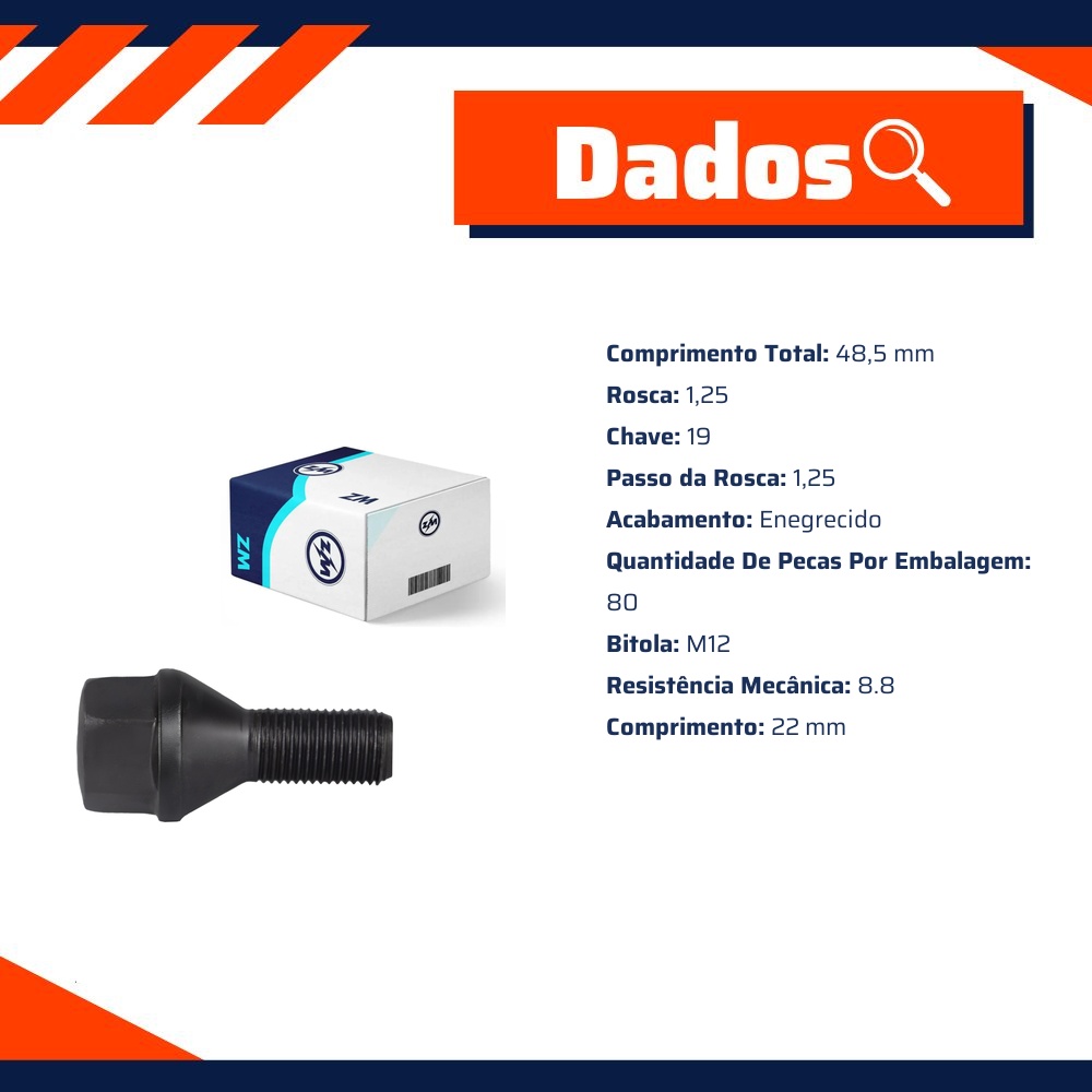 Kit 80 Parafuso de Roda M12-1.25 x 22/48,5 x CH19 - ZM - 3001269