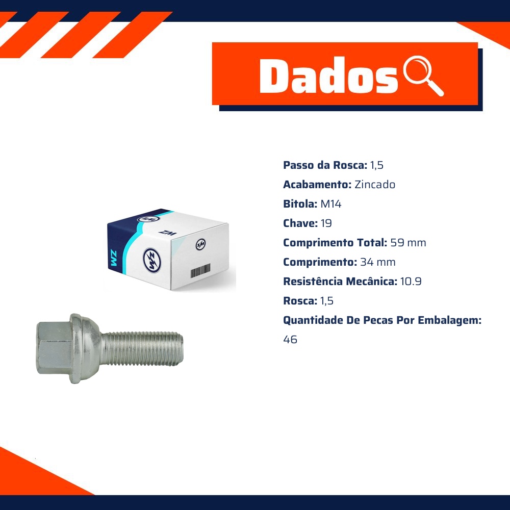 Kit 46 Parafuso de Roda M14-1,5 x 34/59 x CH19 - ZM - 3001413
