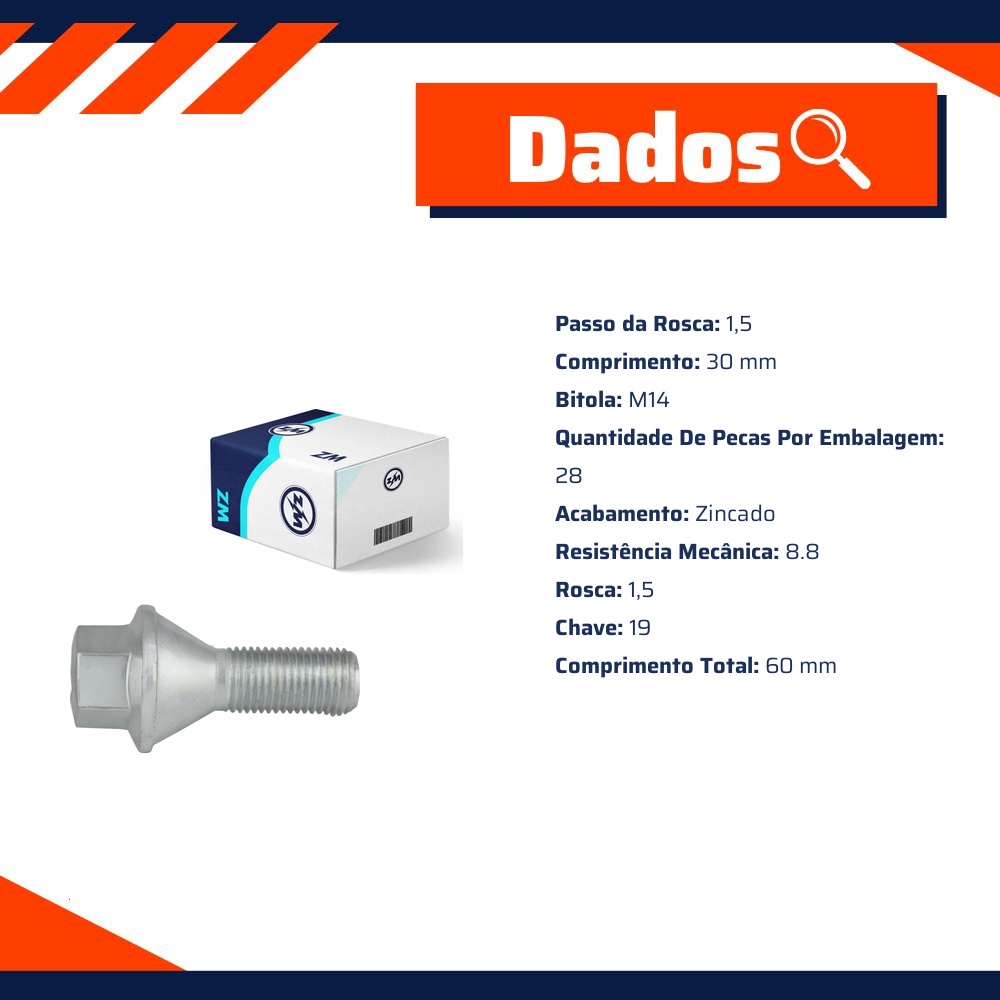 Parafuso de Roda M14-1.5 X 30/60 X Ch19 Caixa com 30 Unidades para Renault Master - ZM - 30.014.80