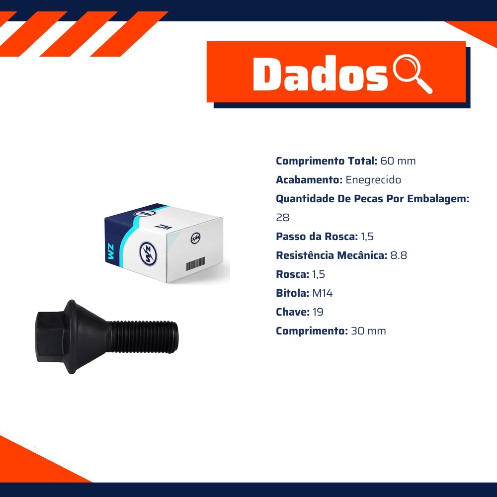 Parafuso de Roda M14-1.5 X 30/60 X Ch19 Caixa com 28 Unidades para Renault Master - ZM - 30.014.81