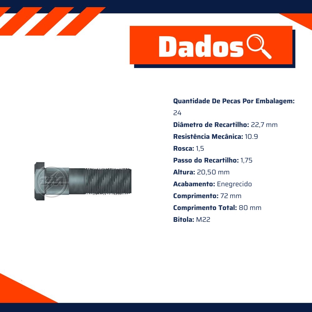 Kit 25 Parafuso de Roda M22-1,5 x 72/80 - ZM - 30.022.01