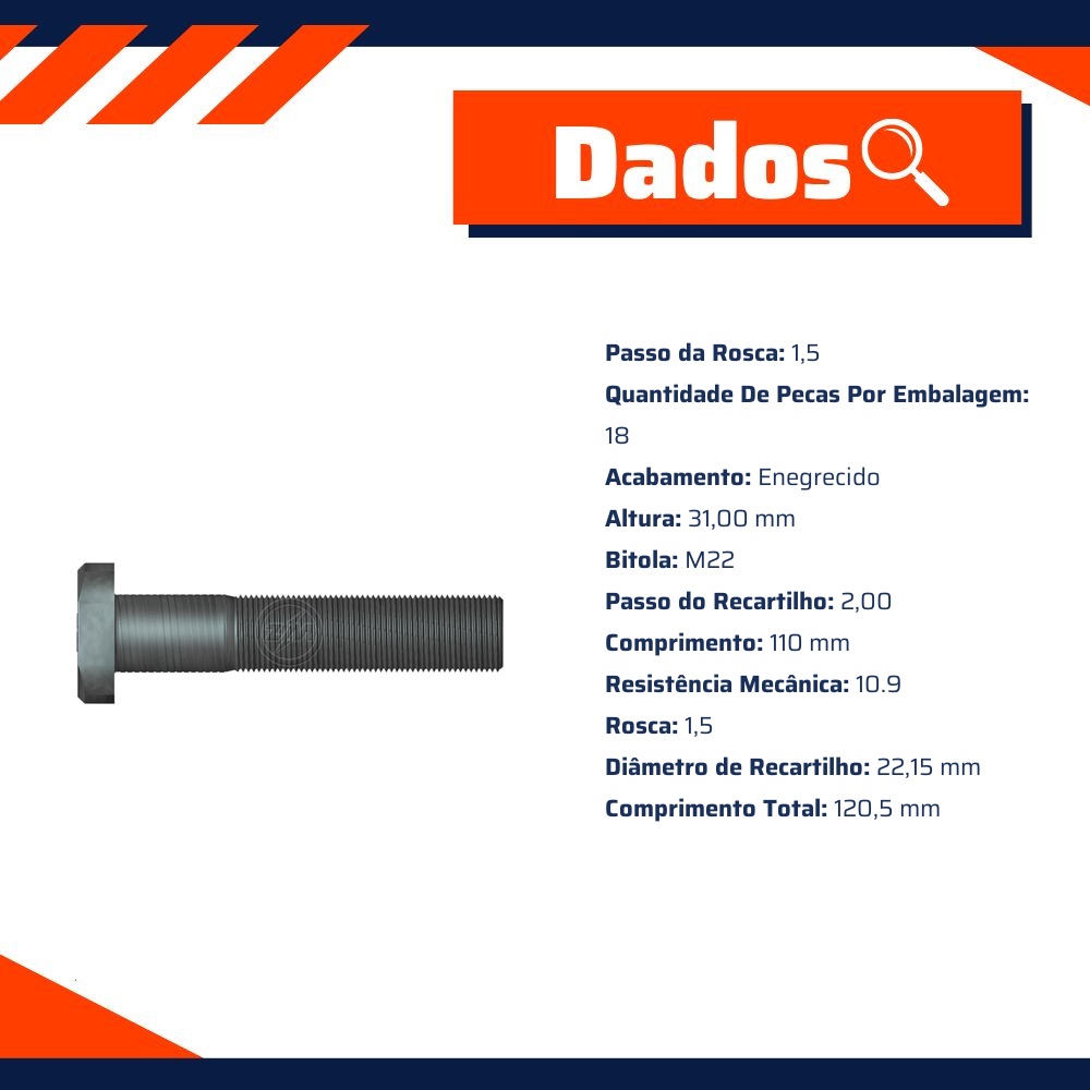 Kit 18 Parafuso de Roda M22-1,5 x 110/120,5 - ZM - 30.022.26