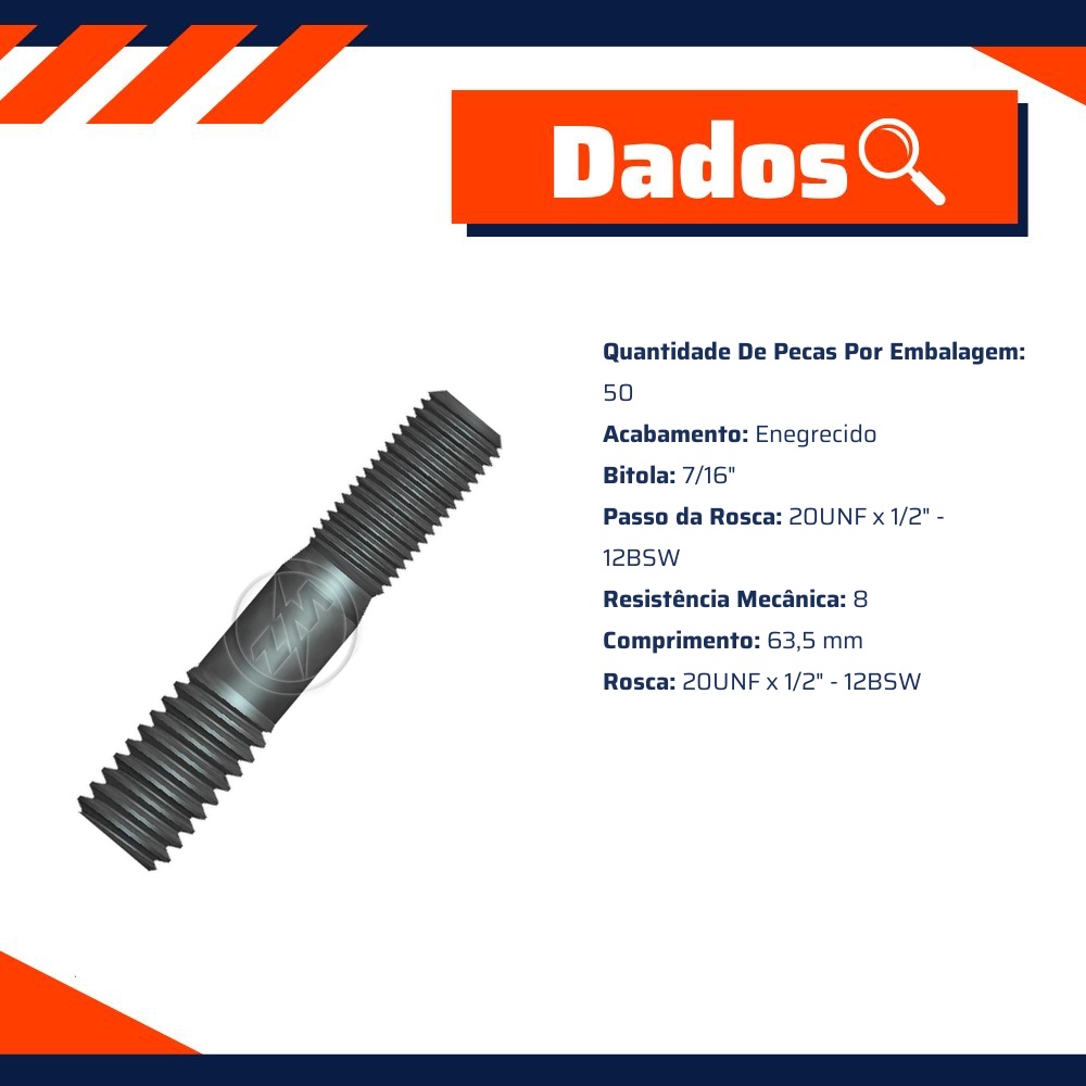Kit 50 Prisioneiro Roda 7/16"x1/2"-12BSWx2,½" - ZM - 3271681