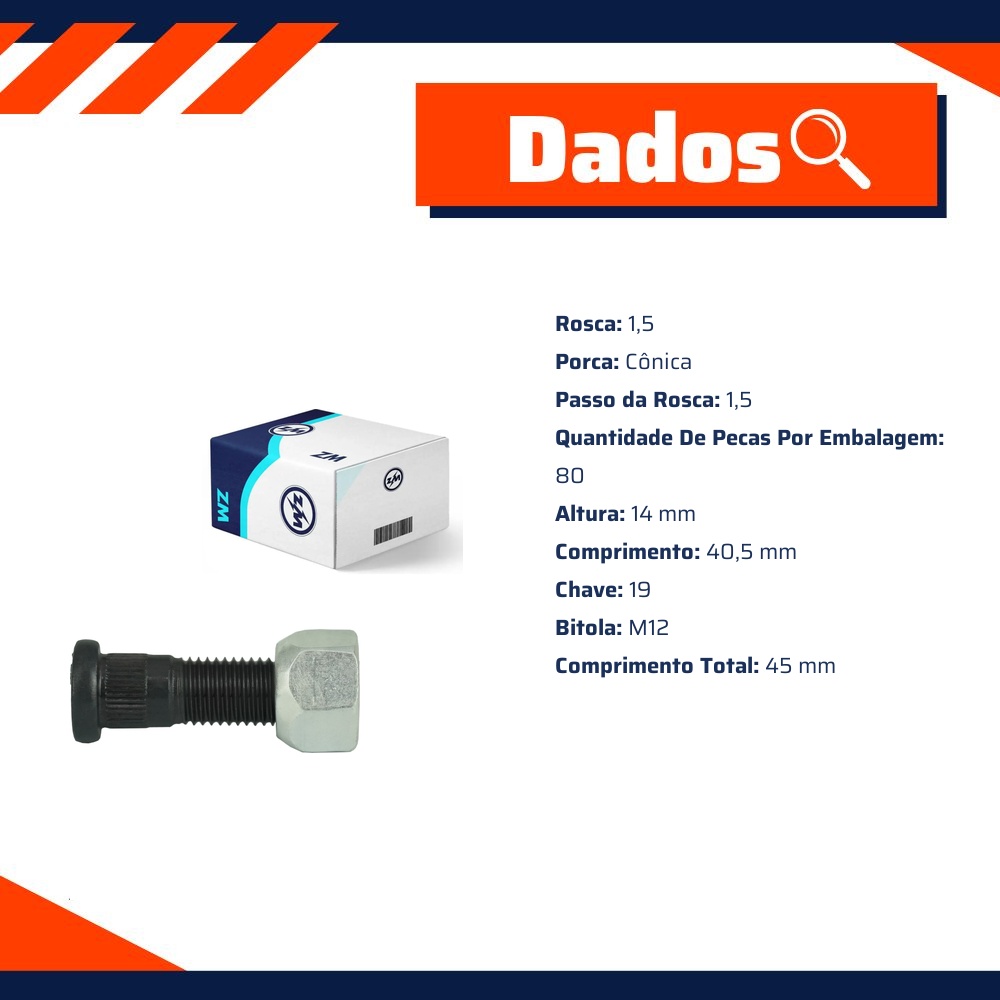 Kit 80 Parafuso Roda M12-1,5x40,5/45xCH19xH14 - ZM - 4001266