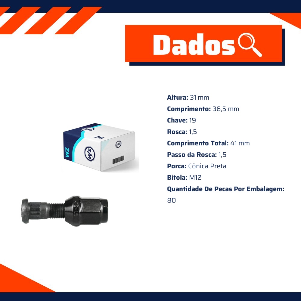 Kit 80 Parafuso Roda M12-1,5x36,5/41xCH19xH31 - ZM - 4001267