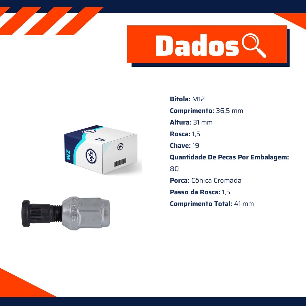 Kit 80 Parafuso Roda M12-1,5x36,5/41xCH19xH31 - ZM - 4001269