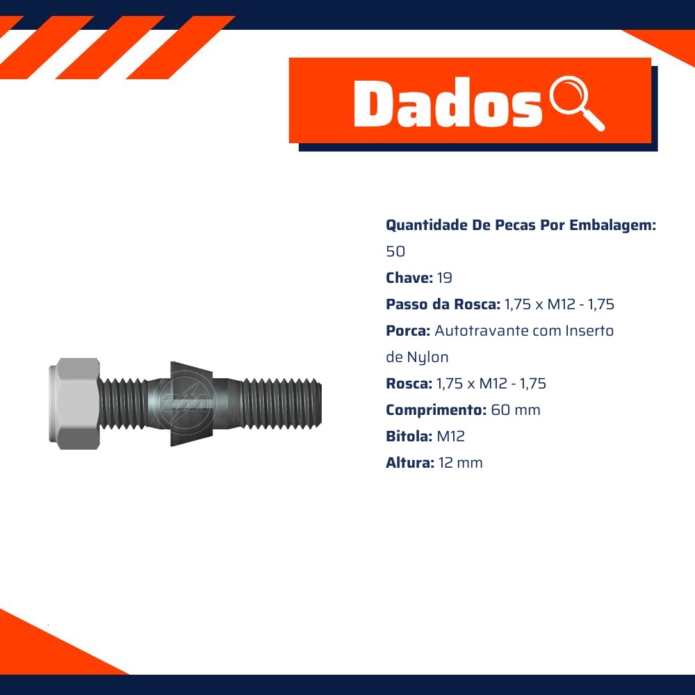 Kit 50 Prisioneiro Roda M12-1,75x60xCH19 - ZM - 40.012.90