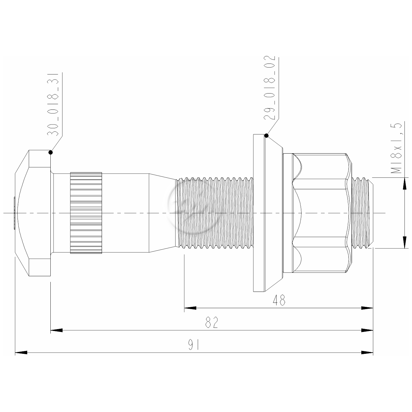 Prisioneiro de Roda com Porca M18-1,5 X 82/91 X Ch27 X H25 Caixa com 40 Unidades para Volare A8 - ZM - 40.018.31