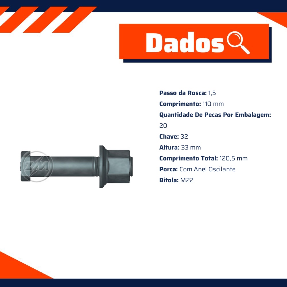Kit 20 Parafuso Roda M22-1,5x110/120,5xCH32 - ZM - 40.022.26