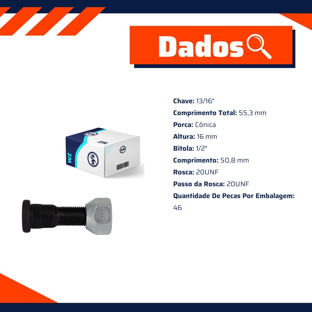 Prisioneiro de Roda com Porca Caixa com 46 Unidades para Ford F-1000 e Ranger - ZM - 40.102.02