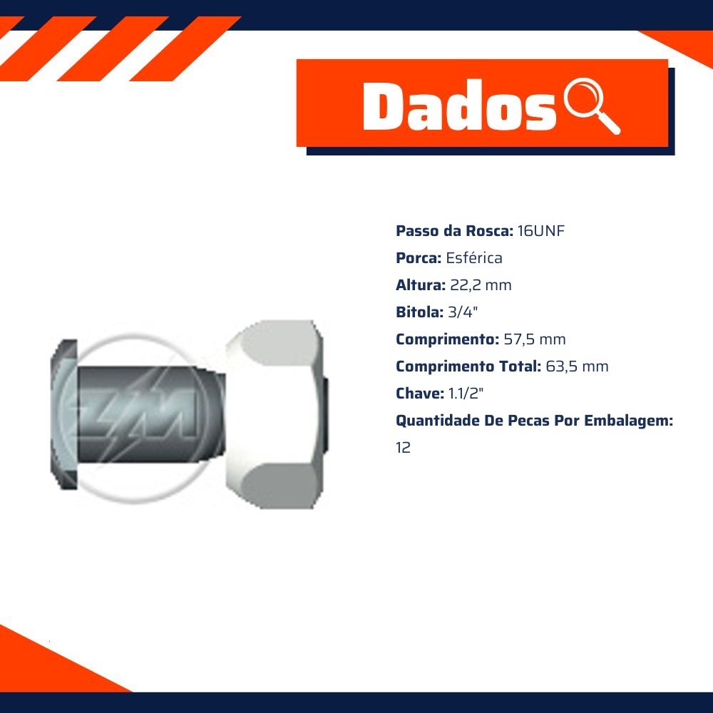 Kit 12 Parafuso Roda Direito 3/4"x57,5/63,5 - ZM - 40.304.12