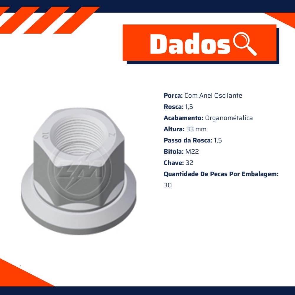 Kit 30 Porca da Roda M22-1,5 x CH32 x H33 - ZM - 529.022.04