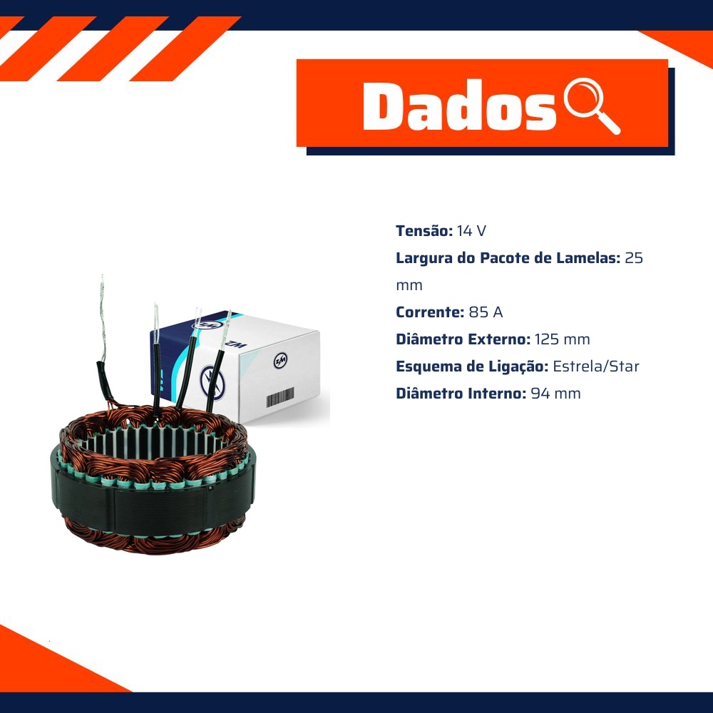 Estator do Alternador 12V 85A - ZM - 94.530.18