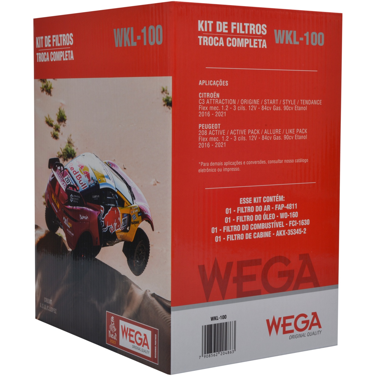 Kit Filtros de Ar Combustível Óleo e Cabine para Citroen C3 e Peugeot 208 - Wega - WKL-100