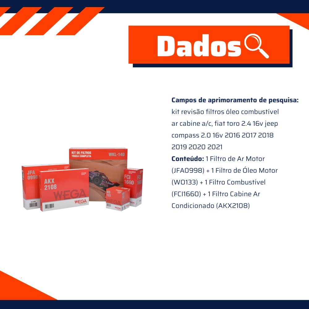 Kit Filtros de Ar Combustível Óleo e Cabine para Fiat Toro e Jeep Compass - Wega - WKL-140