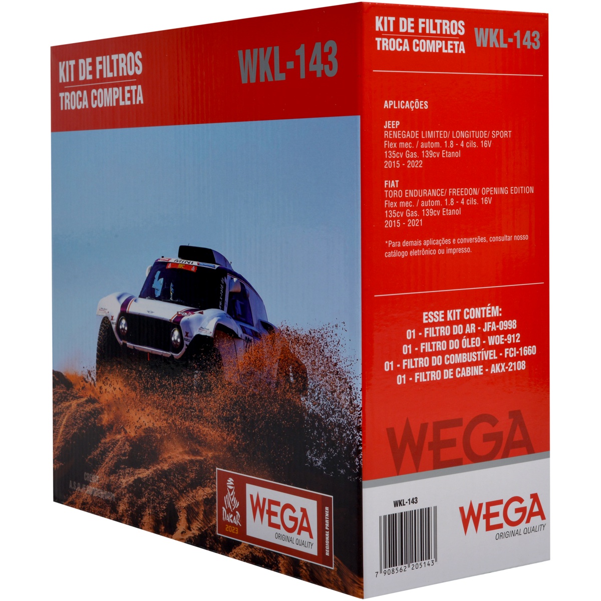 Kit Filtros de Ar Combustível Óleo e Cabine para Fiat Toro e Jeep Renegade - Wega - WKL-143