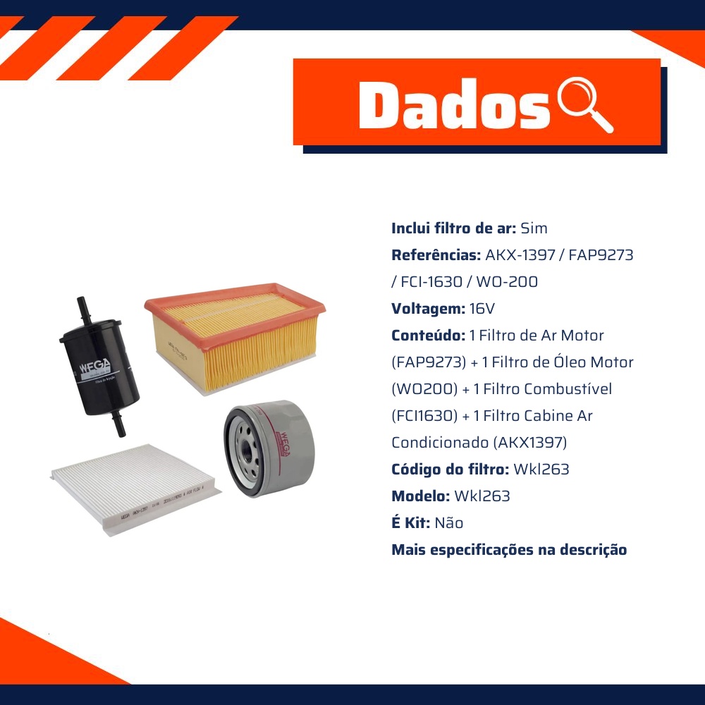Kit Troca Completa Filtros Ar Óleo Comb Cabine Duster Logan Oroch Sandero 07/17 - Wega - WKL-263