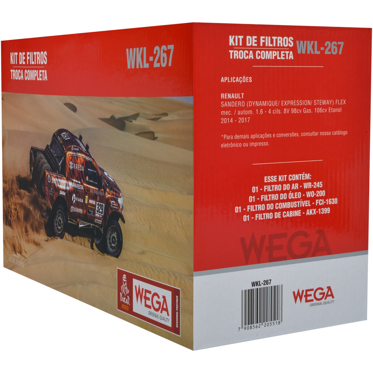 Kit Filtros de Ar Combustível Óleo e Cabine para Renault Sandero e Sandero Stepway - Wega - WKL-267